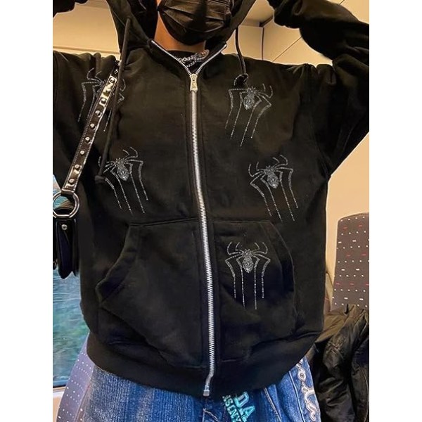 Kvinners Full Zip Up Hoodie Halloween Langærmet Grafisk Jakke Goth Genser Jente Streetwear（Størrelse：S）