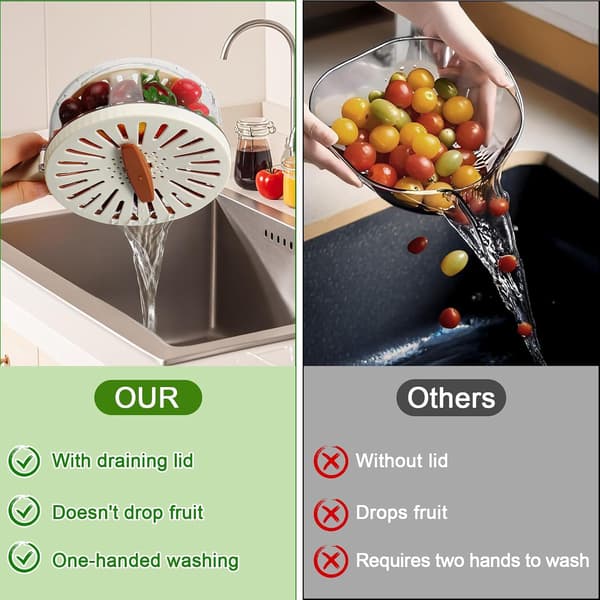 Small strainer bowl with lid, suitable for washing fruit and food in the kitchen, and can also strain pasta. An indispensable kitchen gadget (brown).
