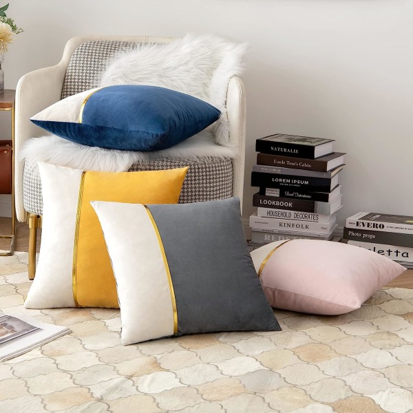 En pakke med 2 dekorative pyntepuder i velour, guld læder firkantede bløde ensfarvede pudebetræk, sofa pudebetræk 18 X 18 tommer grå