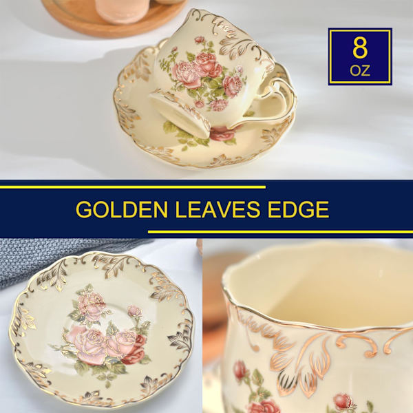 Rose Kopp og Skålsett, 8 oz Keramisk Elfenben Te Kopp Sett med Skje Vintage Blomster Tekopp Gaver til Kvinner