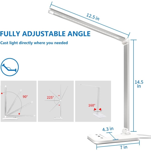 LED-skrivebordslampe, dæmpbar bordlampe, læselampe med USB-opladningsport, 5 lystilstande, følsom kontrol, 30/60 minutters automatisk sluk-timer (hvid)