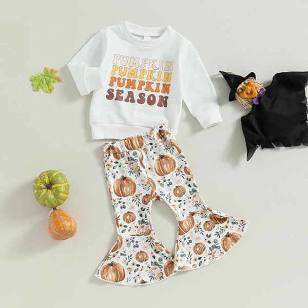Toddler Baby Girls Halloween Kläder Kid Girl Söt Pumpa Tryck Outfits Pullover Sweatshirts och Flare byxor Set（Storlek：70CM）Föreslå Ålder:0-6 Månader