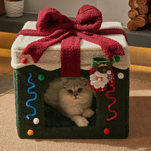 Jouluinen kissatalo, sisäkissasänky, M(13,8\"x13,8\"x12,6\") kokoinen kuutio kissanpennulle ja pienelle kissalle, irrotettava kissaluola liukumattomalla pohjalla, kissalle.