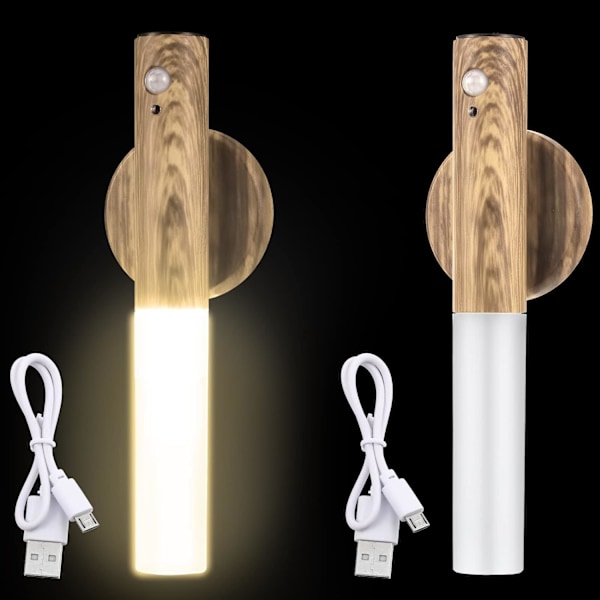2 st rörelsesensor nattlampa magnetisk vägglampa USB LED-lampor uppladdningsbar stick trådlös trappa inomhus trävägglampor med stort batteri