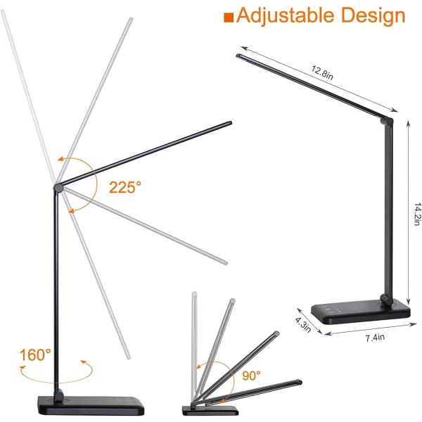 LED skrivebordslampe, dimbar bordlampe for lesing med USB-lading, 5 lysmoduser, følsom kontroll, 30/60 minutters automatisk avstenging