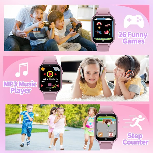 Barn Smartwatch HD Pekskärm Kamera 26 Spel Musikspelare Video Alarm Stegräknare, Pojkar Flickor Leksaker Födelsedagspresenter för 4-12 År Gamla (Rose Gold)