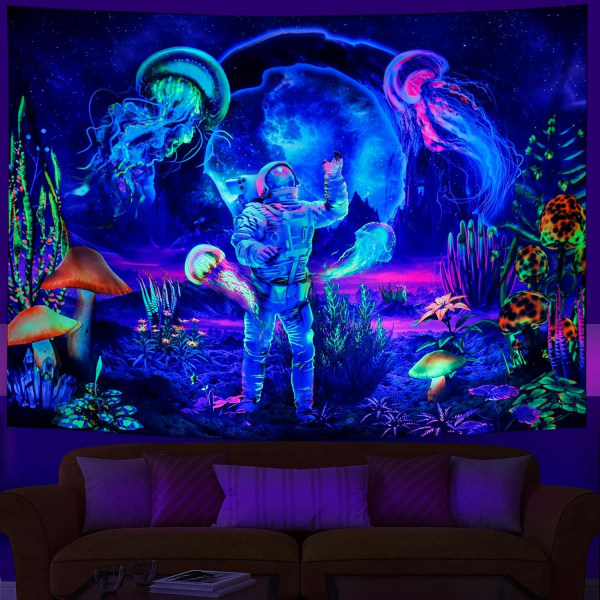 Blacklight Astronaut Gobeläng UV-reaktiva växter Maneter Neon Galaxy Space Vägghängande för rum W59×H51