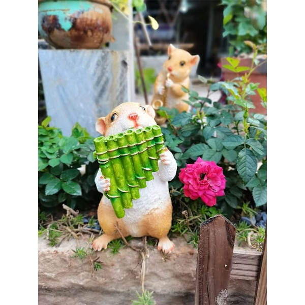 Have skulptur til haven Udendørs dekoration statue Sød hamster Dyrefigur Harpiks ornamenter Kreativ gårdhave Landskab (Farve: Pan Flute)