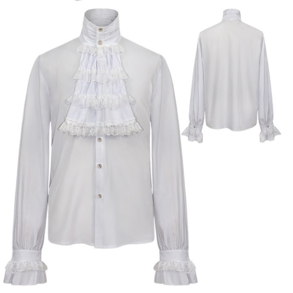 Herrar kläder parning skjorta medeltida steampunk toppfoder (Vit,XL) White XL