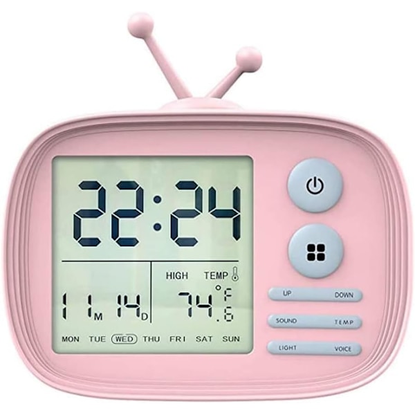 Barnväckarklocka, LED digital väckarklocka, söt tecknad TV-väckarklocka med snooze/uppladdningsbar/temperaturdisplay, rosa (färg: rosa)