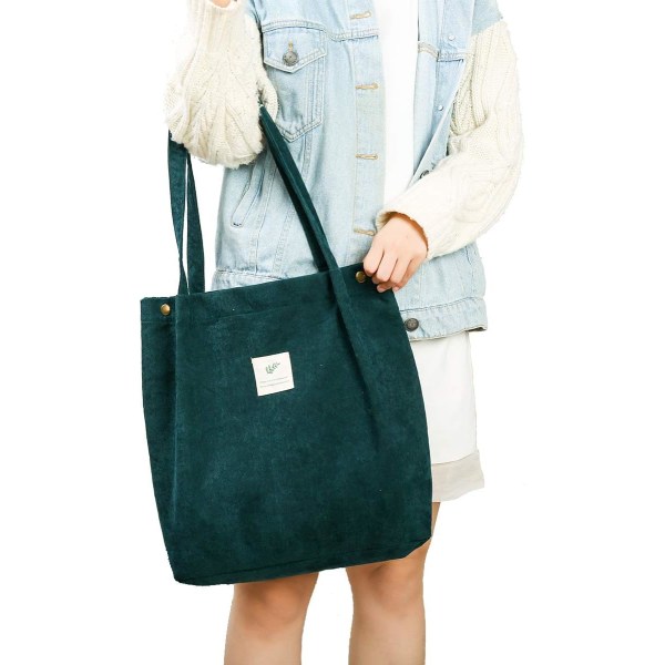 Cordfløjls Tote Bag til Kvinder Piger Stor Genanvendelig Bære Taske med Inderlomme A-Sort