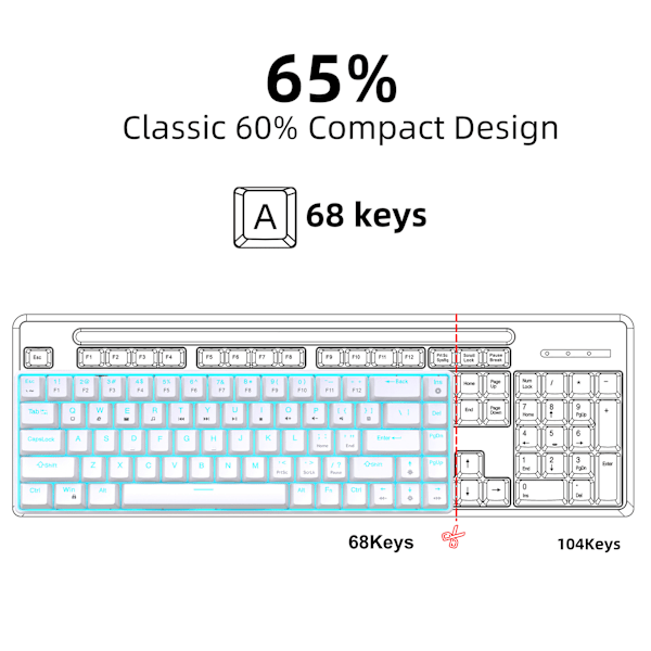 V800 68-tasters mekanisk spilltastatur, LED-bakgrunnsbelyst kablet tastatur, støtter akseutskifting, egnet for Windows XP/10/11, MAC, Linux (blå akse) BlackWhite/blue light