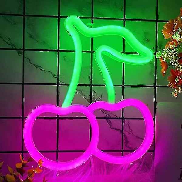 Körsbärs Neonljusskylt, LED Neonljus Vägglampa Väggdekor, Batteri- eller USB-driven Ljusskylt för Sovrum, Barnrum, Vardagsrum, Bar, Fest, Jul pink