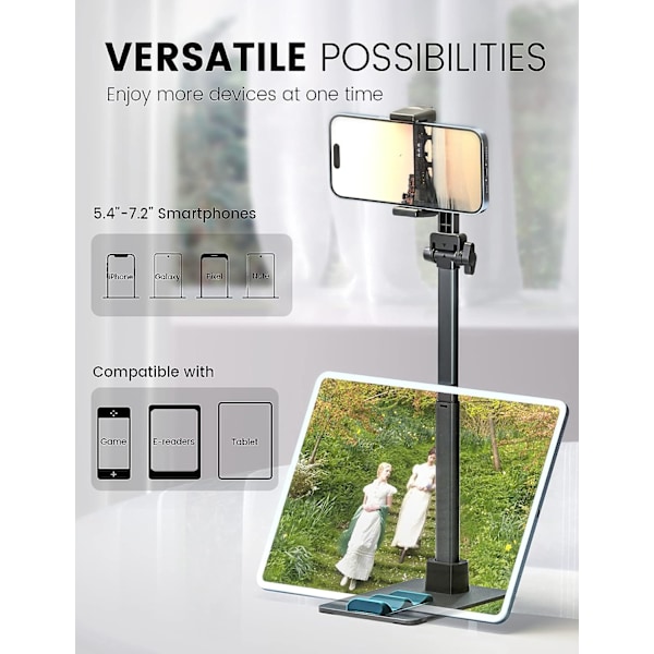 [Sterk og stabil base] Telefonholder, maks høyde 15,4\", overhead høy stativ for opptak, kompatibel med alle 4,7-12,9\" telefon- og nettbrettstativ for kontor