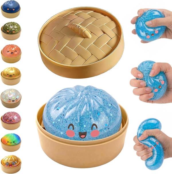 Glitter Dumpling Squishy, Dumpling Squishies, Glitter Dumpling Mystery Box, Farverige Dumpling Stressbolde Fidget, Jumbo Squishy Legetøj med Damperkasse Sæt Glitter Blue
