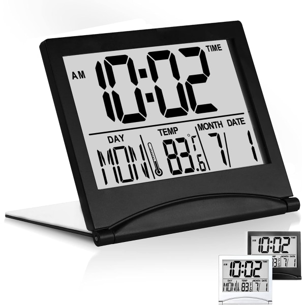 Digital resealarmklocka - Fällbar kalendertemperaturtimer LCD-klocka med snooze-läge - Stor sifferdisplay, batteridriven skrivbordsklocka