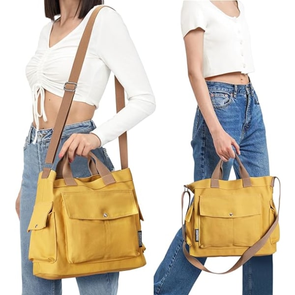 Canvas Tote Bag til kvinder 14 tommer stor Crossbody Tote Bag med multi lommer Canvas Crossbody Bag Top Handle skuldertaske Work Tote Bags