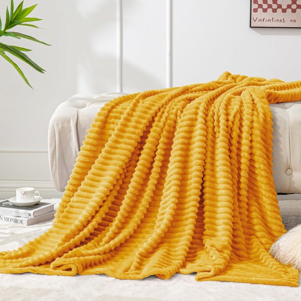 Fleece Blanket - 3D Ribbed Jacquard Decorative Yellow Throw Blanket for Couch & Bed, Lightweight Warm Cozy Soft Fuzzy Blankets  50x60 inches