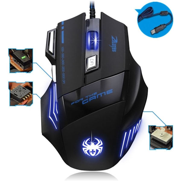 Kablet Gaming Mus ZELOTES Profesjonell LED Optisk 7200 DPI 7-Knapps USB Gaming Mus med Justerbar DPI-Bytte 7200/3200/2400/1600/1000 DPI