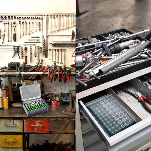 Batterioppbevaringsboks, rommer 54 AA/AAA-batterier, egnet for batterioppbevaring i garasjer, hjemme i skuffer, etc. (boks inkludert)