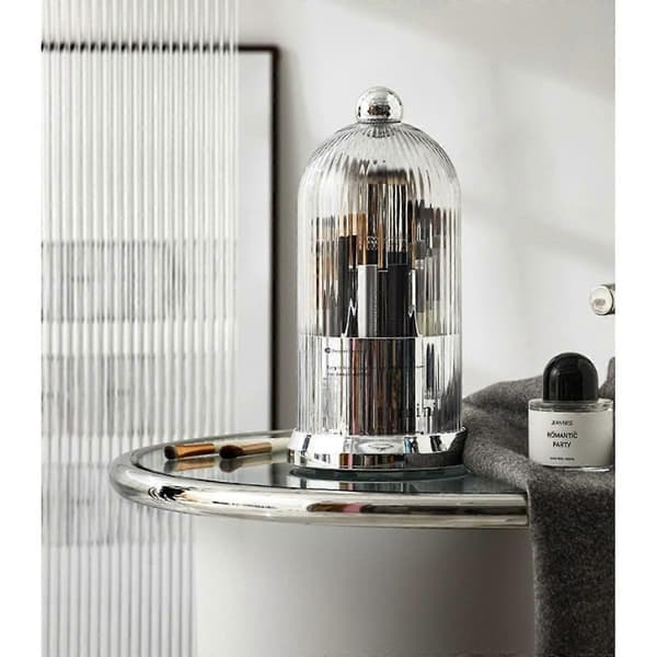 360° Rotating Makeup Brush Holder with Dustproof Lid, Waterproof PP+PET, Portable Non-Slip Base, Multiple Compartments
