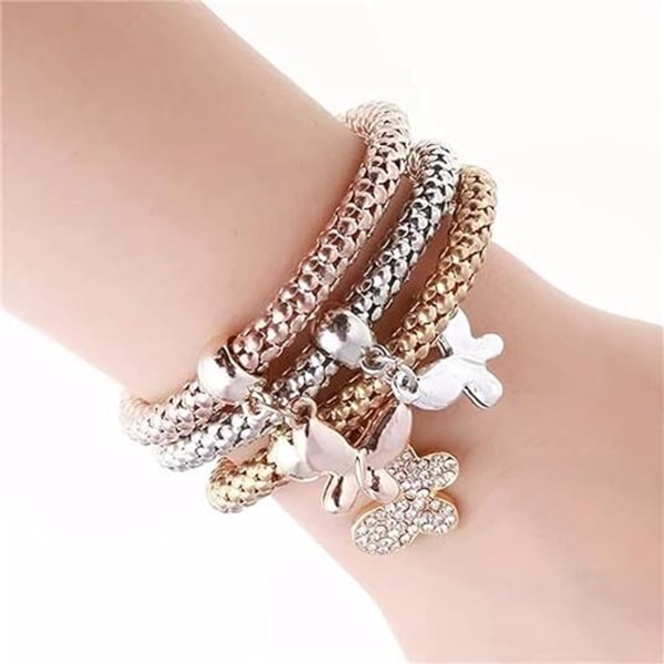 Crystal Charms Multilayer Armbånd - 3PCS Guld/Sølv/Rosaguld Majs Kæde Armbånd til Kvinder, Livets Træ Hjerteformet Stretch Armbånd