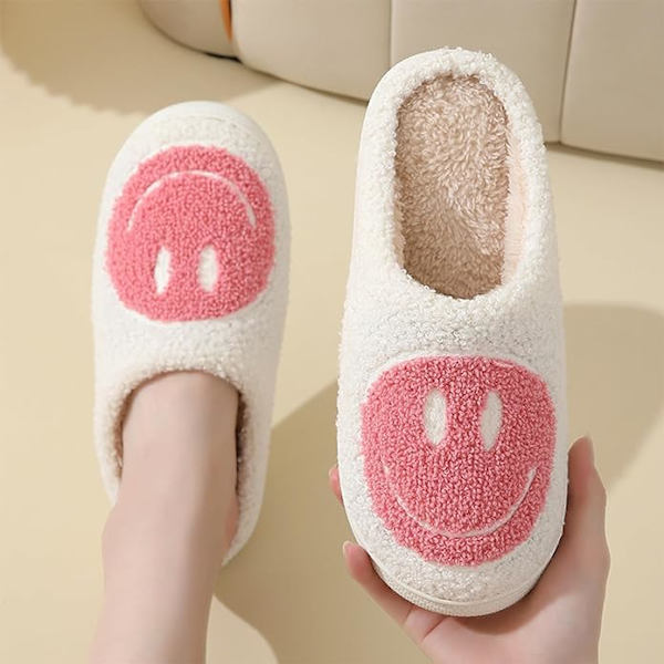 Søde Smil Tøfler til Kvinder Mænd, Bløde Plys Bløde Varme Par Slip-On Hjemme Happy Face Tøfler Preppy Tøfler Anti-slip Fuzzy Flat Slides（Størrelse: 5-6）