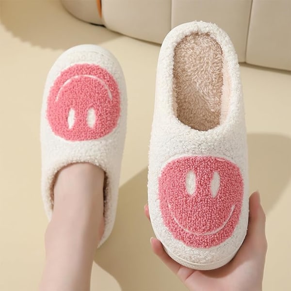 Søte smil tøfler for kvinner menn, myke plysj komfortable varme par slip-on hus glade ansikt tøfler preppy tøfler fuzzy flate lysbilder（Størrelse：11-12）