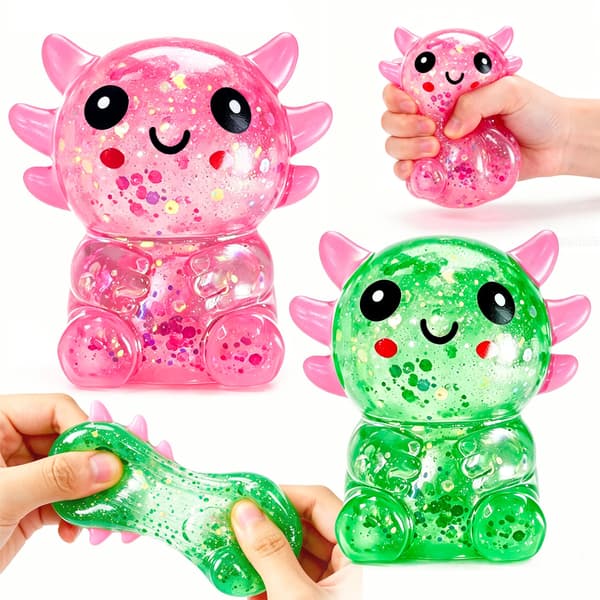 2 stk. Axolotl Squishy Stressbold, Glitter Langsomt Stigende Klemmelegetøj til Børn