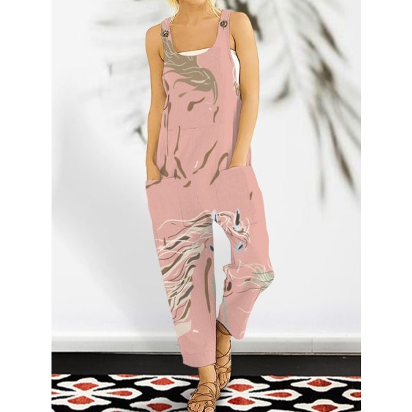 Abstrakt print byxor med lösa band för kvinnor Ny jumpsuit i bomull och hampa med knappar (rosa, XL) Pink XL