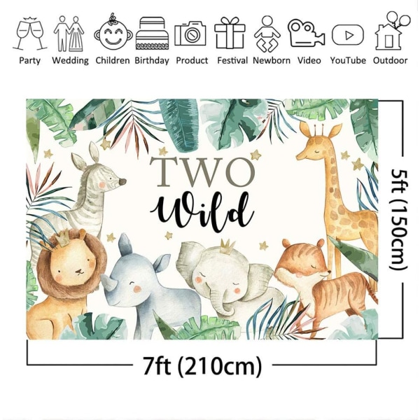 Kaksi villiä syntymäpäivän taustakangas 7x5ft Viidakon teema Safarieläimet 2. syntymäpäivän taustabanneri Vinyyli Pojan tytön 2-vuotiaan syntymäpäiväjuhlan koristeet (7x5ft)