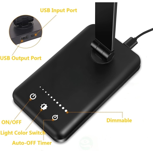 LED skrivebordslampe, dimbar bordlampe for lesing med USB-lading, 5 lysmoduser, følsom kontroll, 30/60 minutters automatisk avstenging