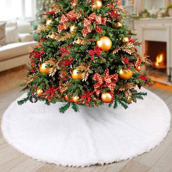 Julgransmatta, 48 tum vit mjuk konstgjord päls julgransmattor plysch juldekorationer, vita ornament julgransmattor juldekorationer
