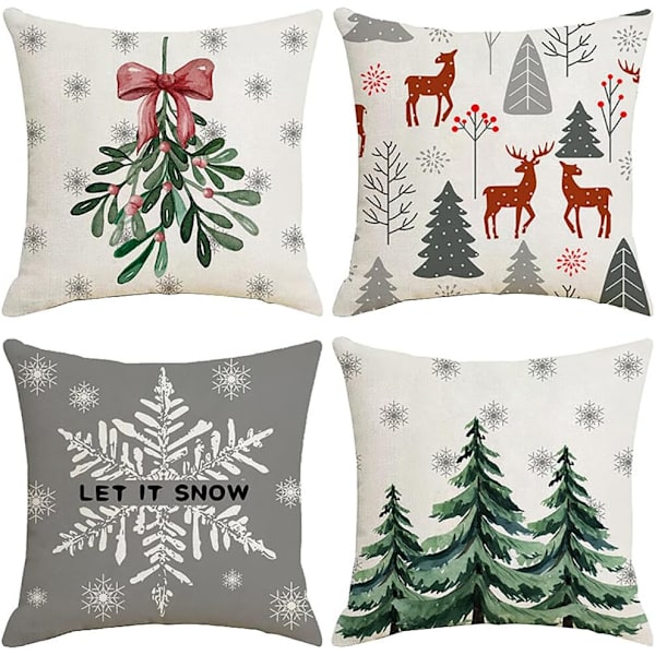 Jul kuddfodral set om 4 18 x 18 tum linne örngott julgran tomten snögubbe tryck vinter jul dekorativ kudde