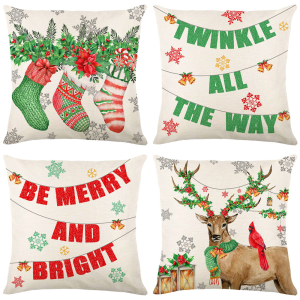 Jul kuddfodral jultomten snögubbe prydnadskudde Merry Bright Let It Snow kuddfodral, 18 x 18 tum, 4-pack