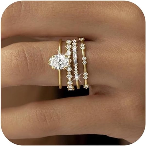 Ikke-anløbende stablebare guldringe til kvinder - Trendy Dainty 14K guld stablebare kubisk zirkonia tommelfingerring sæt - Løftering til forlovelse - Størrelse 7