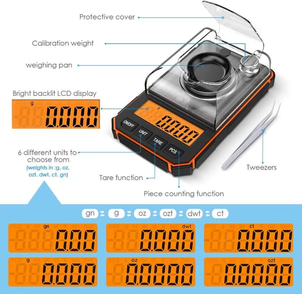 Pocket Scale with 0.001g Precision, 50g Calibration Weight, Tare Function, and Backlit LCD Screen; for Food and Powder; Orange.