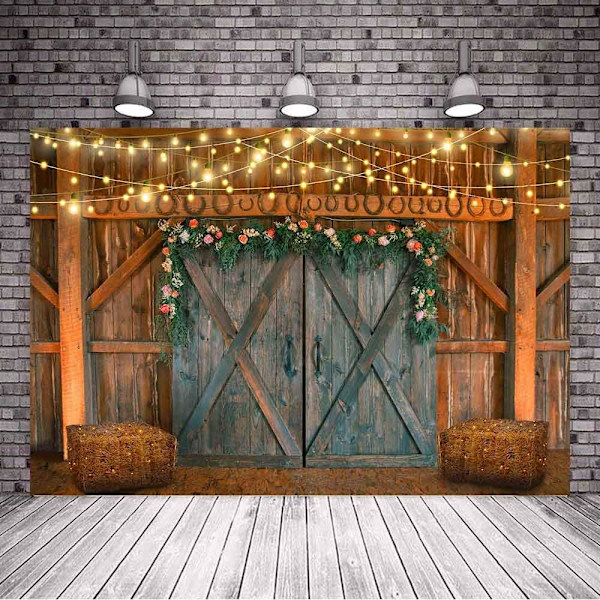 Puinen navettaovi tausta maatilan teemajuhliin 7x5ft Retro Cowboy Style Barn Door Hay Lights Maaseudun tausta juhlakoristeluun Tausta Valokuvastudio