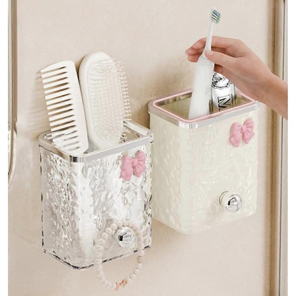 Bathroom Storage Cup Wall Mounted 2-Pack Drill-Free Self-Adhesive, Milk PET+ABS with Built-in Hook