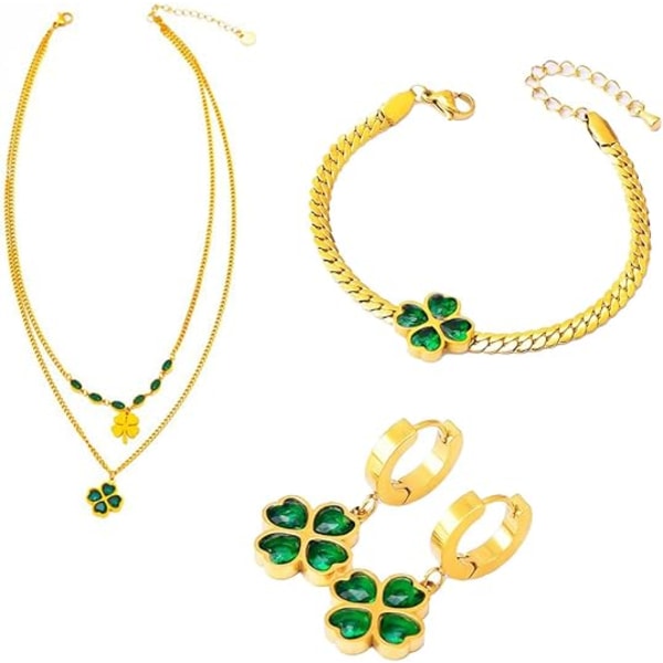 Emerald zirkon hänge dubbelt lager nyckelben choker halsband Lucky fyrklöver kärleksörhängen armband set för kvinnor