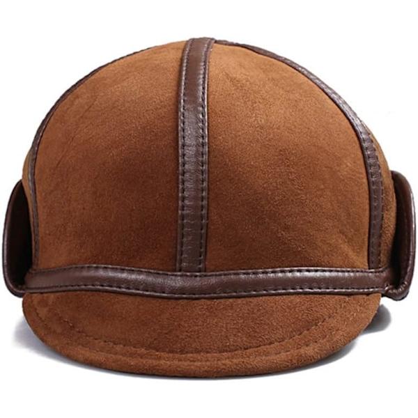 Hattar Herr Vinter Varma Öronskydd Bomber Mössa Man Äkta Läder Inuti Fårskinn Snö Mössor,Brun（Storlek：XL,57-58CM）