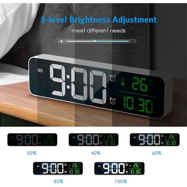 Digitalt ur med stort display, Nyeste 10,5'' digitalt vægur til stue, LED-spejlur med 40 musik, 2 alarm, 6 lysstyrke dæmper, 4 lydstyrke