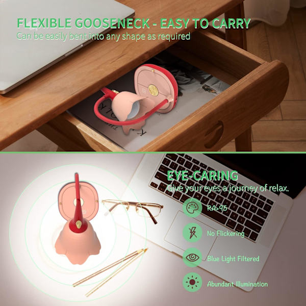 Trådløs skrivebordslampe estetisk, 3 moduser dimbar blomsterskrivebordslampe, rosa skrivebordslampe med svanehals, 2000mAh oppladbar øyevennlig LED-estetikk
