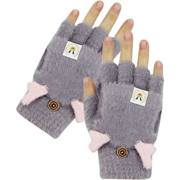 Kvinder Vinter Konvertible Flip Top Fingerless Handsker Piger Fluffy Søde Gevir Touch Screen Vanter