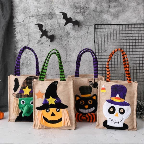 Premium Halloween Linnehandväskor - Uppsättning av 4 distinkta mönster för miljövänlig presentförpackning