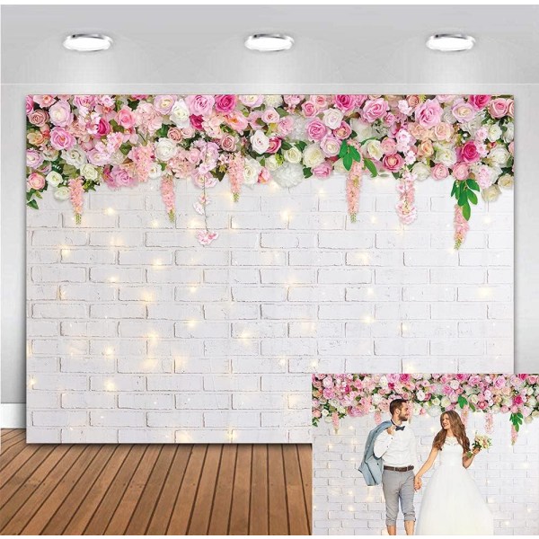 Flower Wall Backdrop Glitter White Brick Wall Mothers Day Flowers Photography Background Wedding Bridal Birthday Party Spring Theme Decor Photo7x5FT