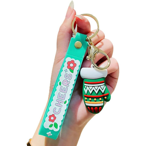 Nyckelring med jultema, söt snögubbe, tomte, grönt träd, hjort, present, metall, nyckelring