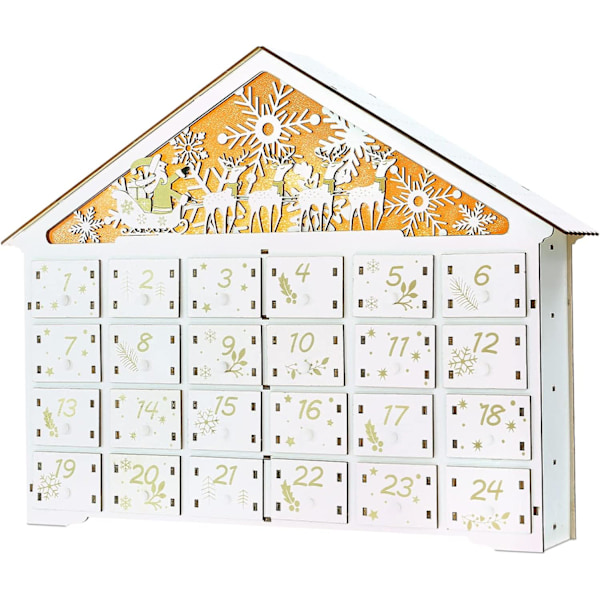 Træ Julekalender Advent Kalender Box 24 Dage Advent Kalender med LED Lys Nedtællingskalender 24 Opbevarings Skuffer Box til Gaver