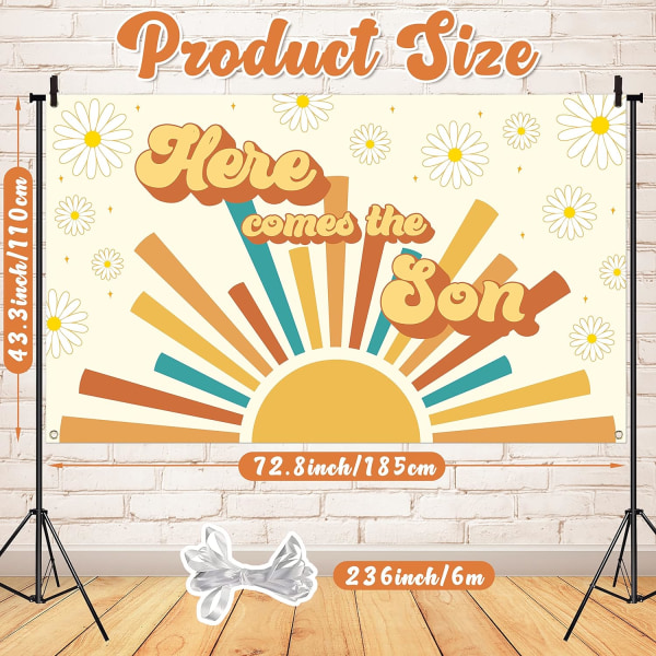 Her kommer sønnen Baby Shower Bakgrunn Retro Sunshine Baby Shower Bakgrunnsbanner Kakeborddekor Fotoboks Gave Rekvisitt Stoff 72,8 x 43,3 Tommer