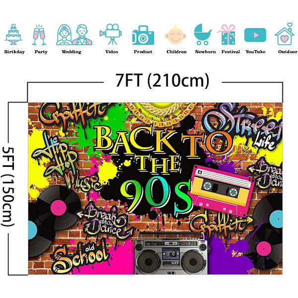 90-luvun tausta Hip Hop Graffiti Tiiliseinä Retro Radio Muotivalokuvaus Tausta Takaisin 90-luvun teemalla Juhlan Banneri Dekoraatio Taustat (7x5ft)